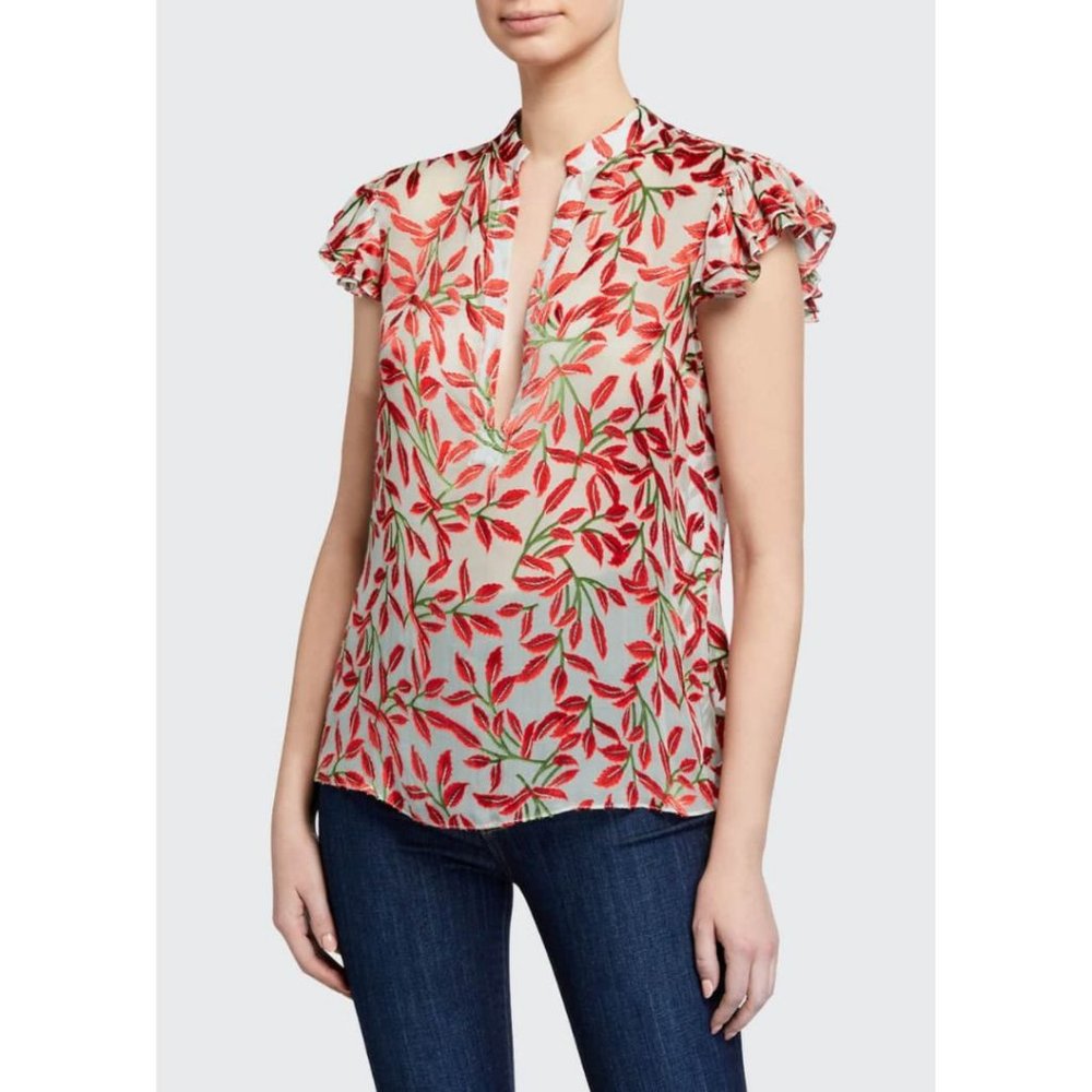 Alice & Olivia Malita Ruffle SIlk Blouse Dancing Leaf Powder Blue Size Medium